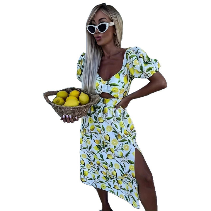 Maxi dress for women with fruity print and side slit Lune London