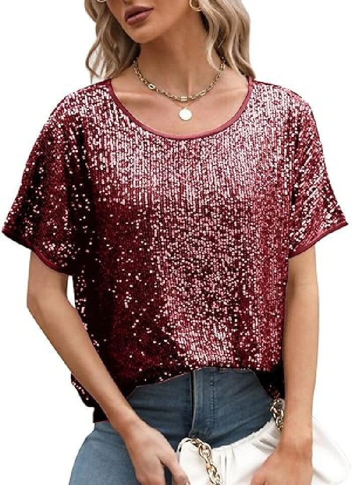 Women Glamorous Sequin Top with Wide Sleeves and Loose Fit Lune London