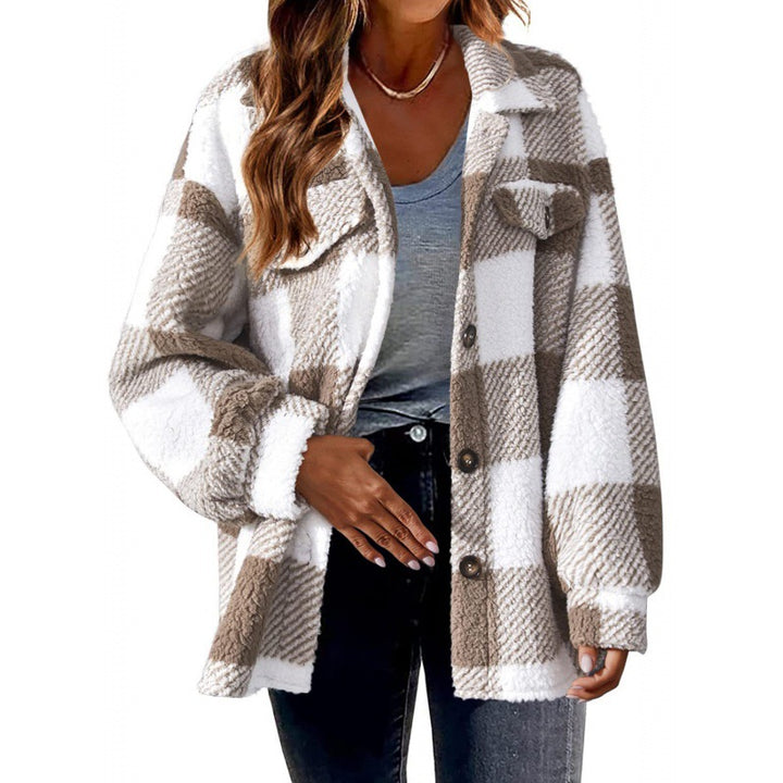 Ladies Plaid Plush Jacket with Snap Button Closure and Convenient Pockets Lune London