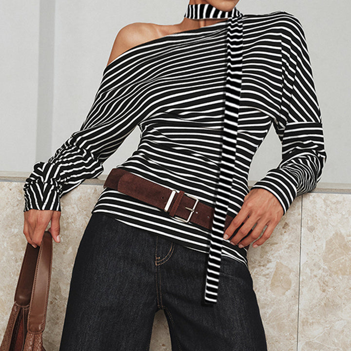 Women's asymmetrical long sleeve shirt with fashionable stripes and halter neck Lune London