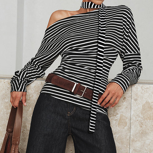 Women's asymmetrical long sleeve shirt with fashionable stripes and halter neck Lune London