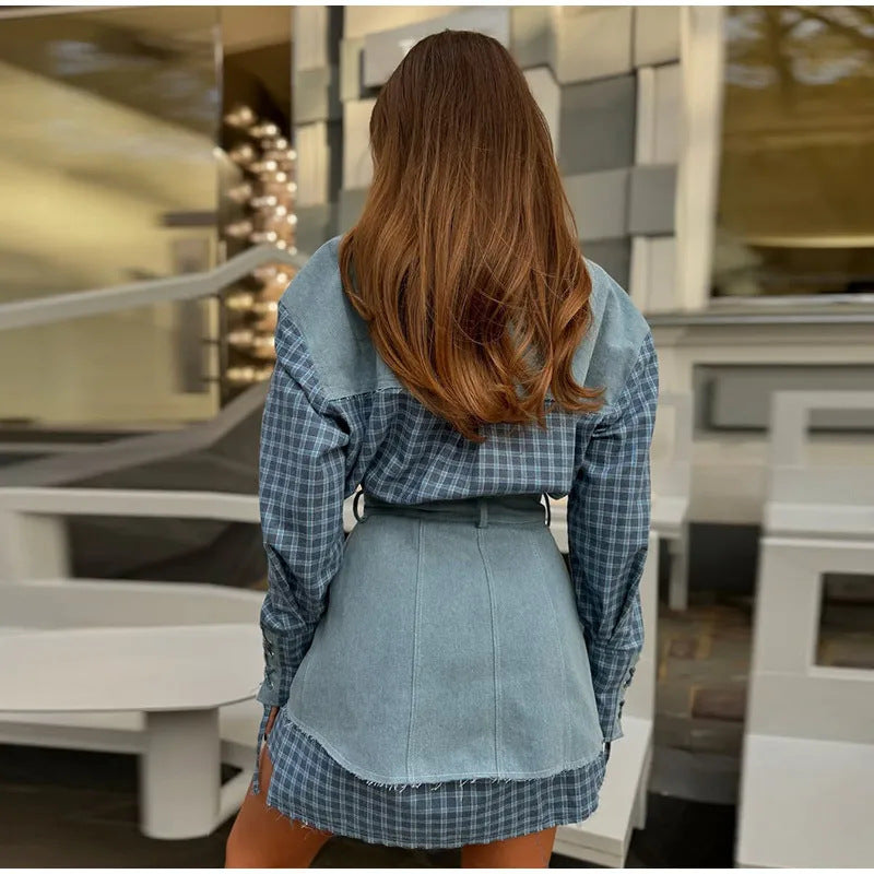 Chemise à carreaux pour femmes avec jupe en denim et détails de ceinture Chic & Stil