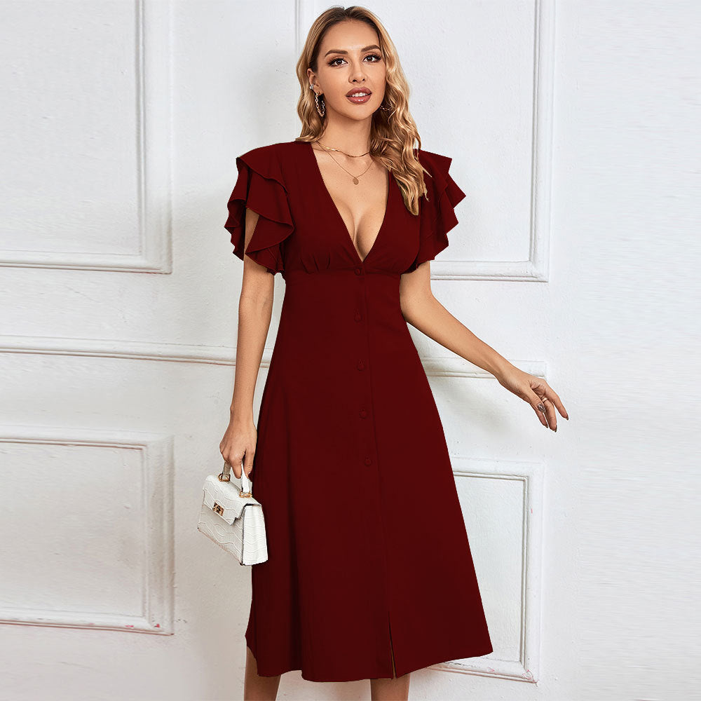 Elegant midi dress for women with ruffle details and button placket Chic & Stil