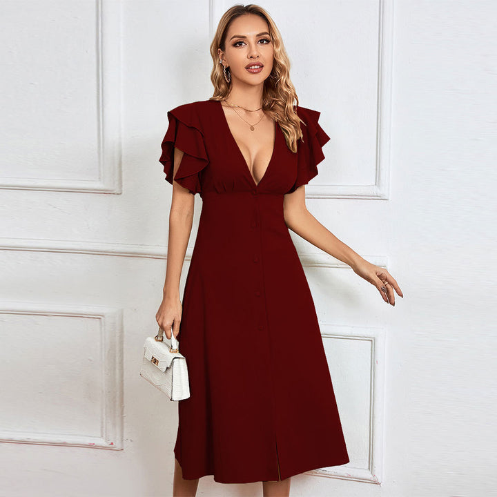 Elegant midi dress for women with ruffle details and button placket Chic & Stil