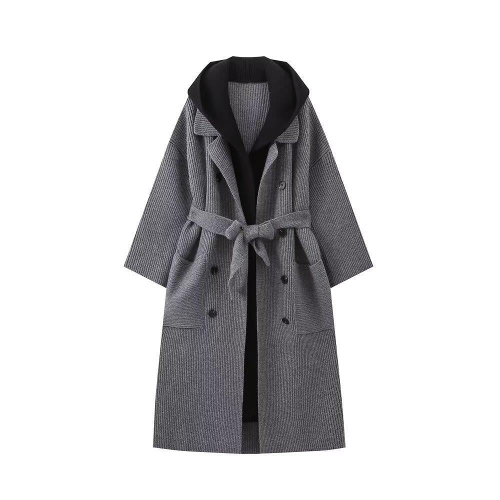 Ladies long casual cardigan with tie waist belt and double layer collar Lune London