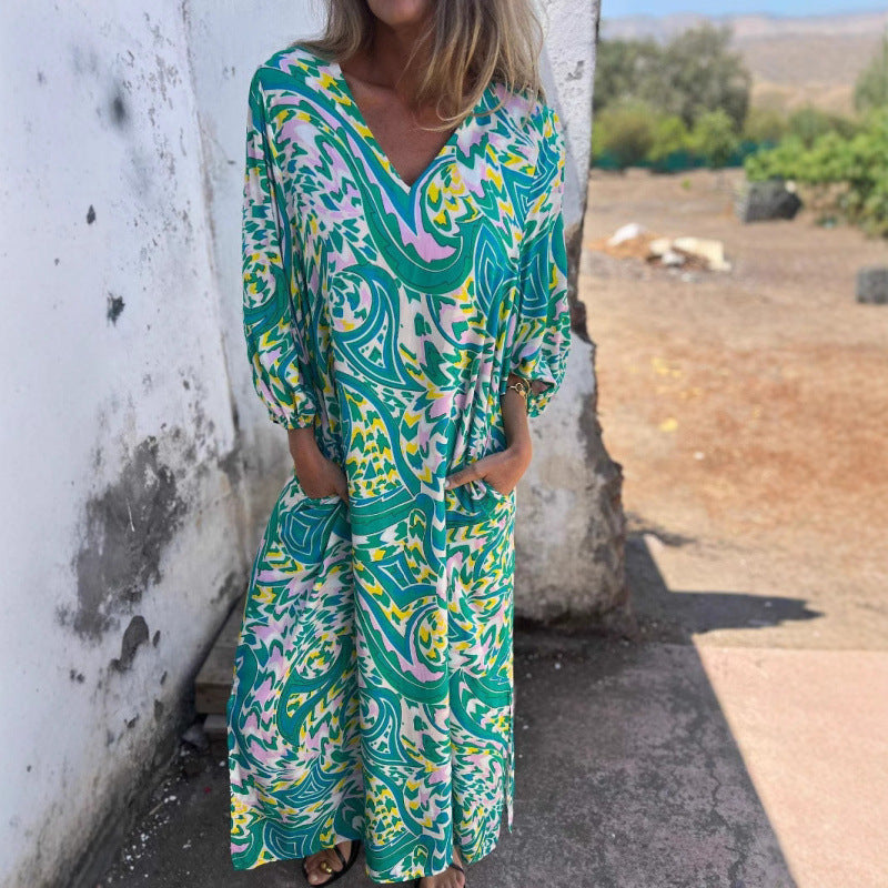 Casual maxi dress for women with V-neck and voluminous sleeves Lune London