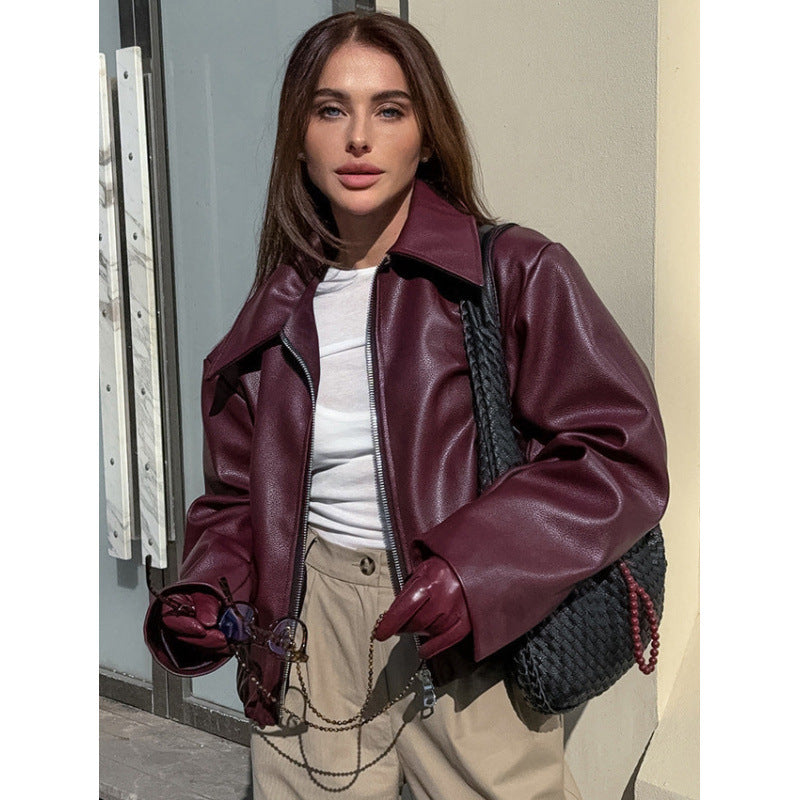 Women's faux leather jacket with oversized cut and classic collar Lune London