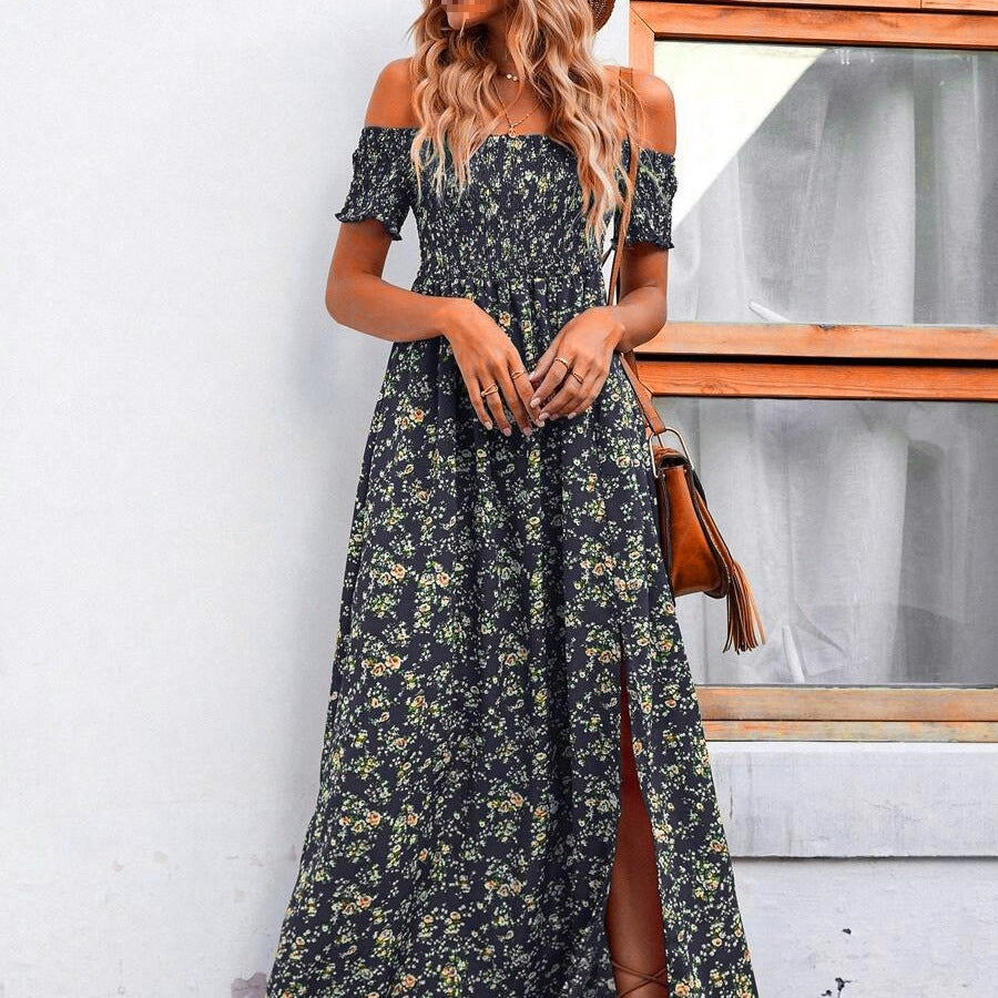 Maxi dress for women with décolletée silhouette and floral design Lune London
