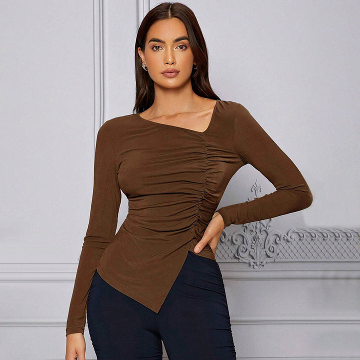 Haut ajusté à manches longues femmes avec design de drapage asymétrique Chic & Stil