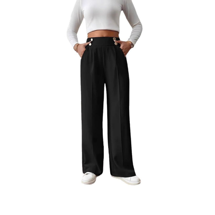 High-waisted palazzo pants for women with side pockets and decorative button details Lune London