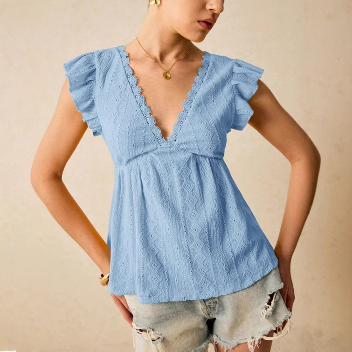 Ladies blouse with ruffled sleeves and deep V-neck Lune London