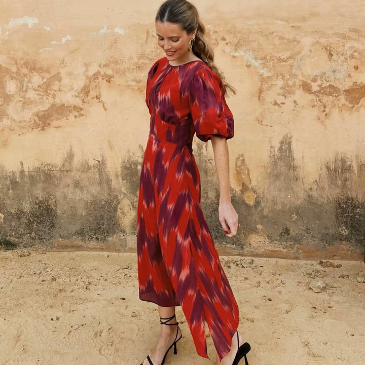 Maxi dress for ladies with elegant gather and modern puff sleeves Lune London