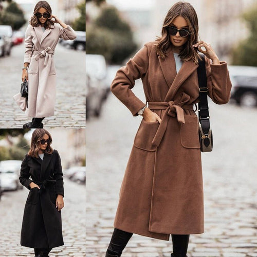 Ladies elegant wrap coat with practical pockets and adjustable belt Lune London