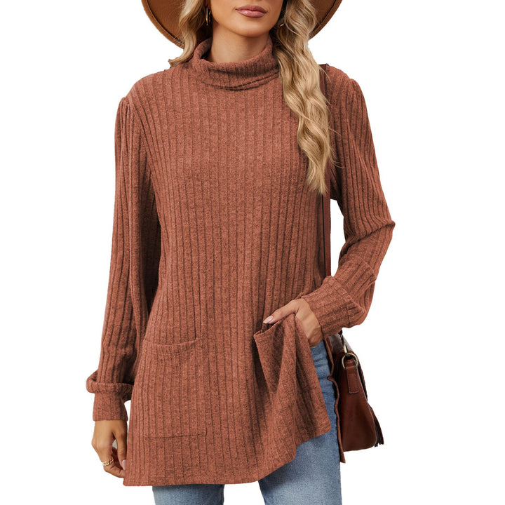 Ladies elegant top in structured knit with high collar and side pockets Lune London