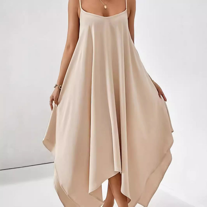 Aerial maxi dress for women with asymmetrical hem and thin spaghetti straps Lune London