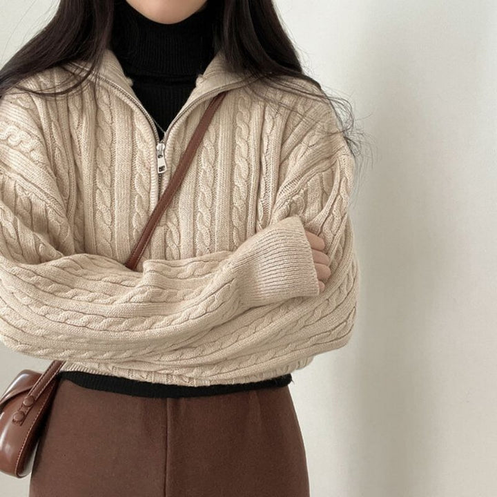 Cozy knitted sweater for women with high collar and zip Lune London