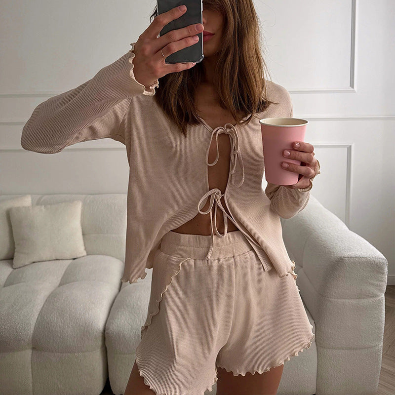 Casual knit set for women with button placket and fringed sleeves Lune London