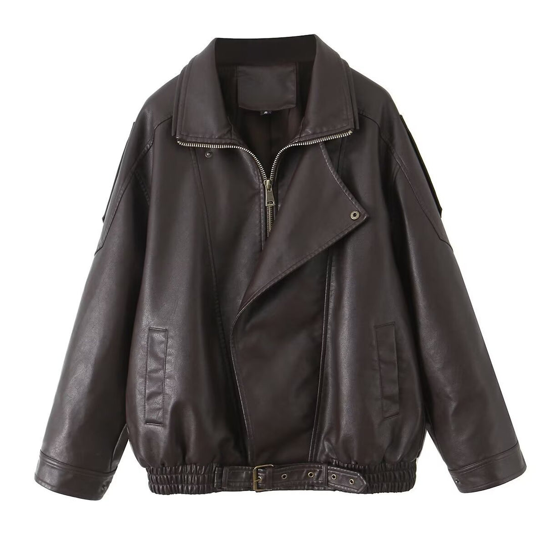 Women's oversized casual faux leather jacket with drawstring waist Lune London