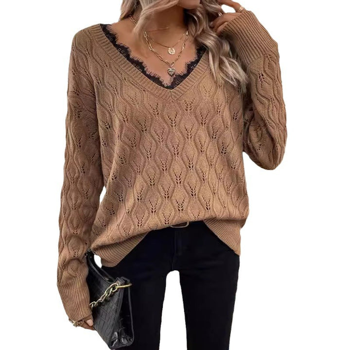 Knit sweater for women with elegant V-neck and fine lace structure Lune London