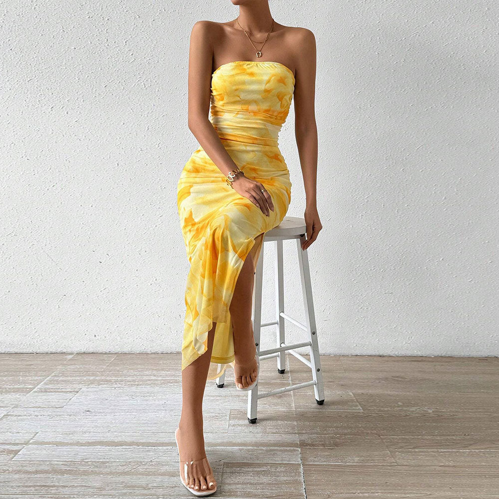 Robe maxi à manches longues pour femmes avec encolure bandeau et fente haute Chic & Stil