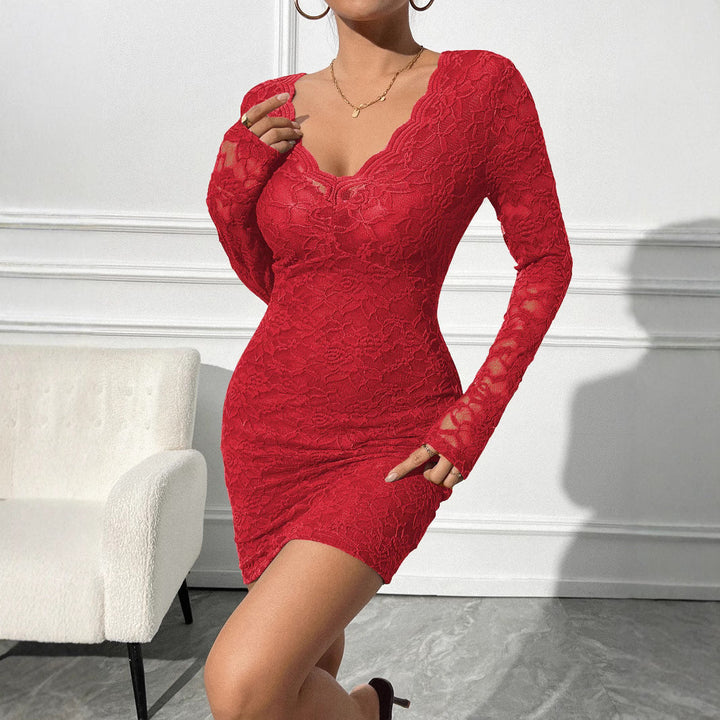 Women Lace Dress with V-Neck and Long Sleeve Lune London