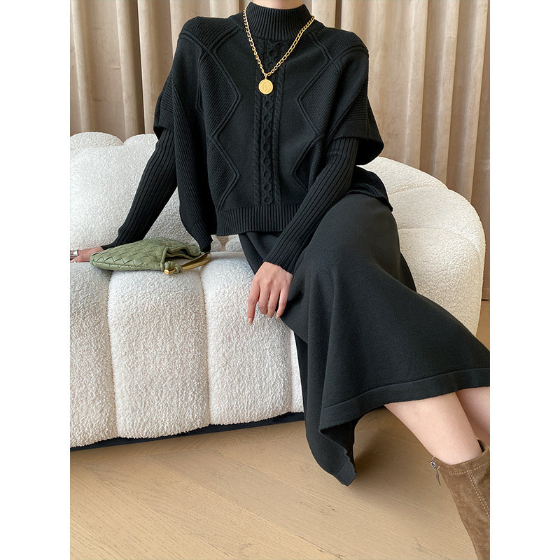 Women's Stylish Knit Top with High Neck and Decorative Cable Pattern
