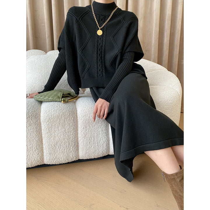 Women's Stylish Knit Top with High Neck and Decorative Cable Pattern