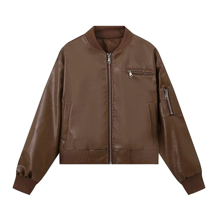 Women's leather bomber jacket with innovative zipper detail Lune London