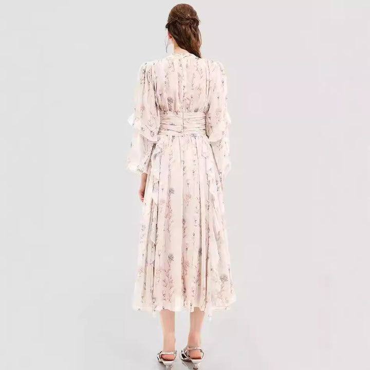 Women's midi dress with floral embroidery and elegant ruffled hem Lune London
