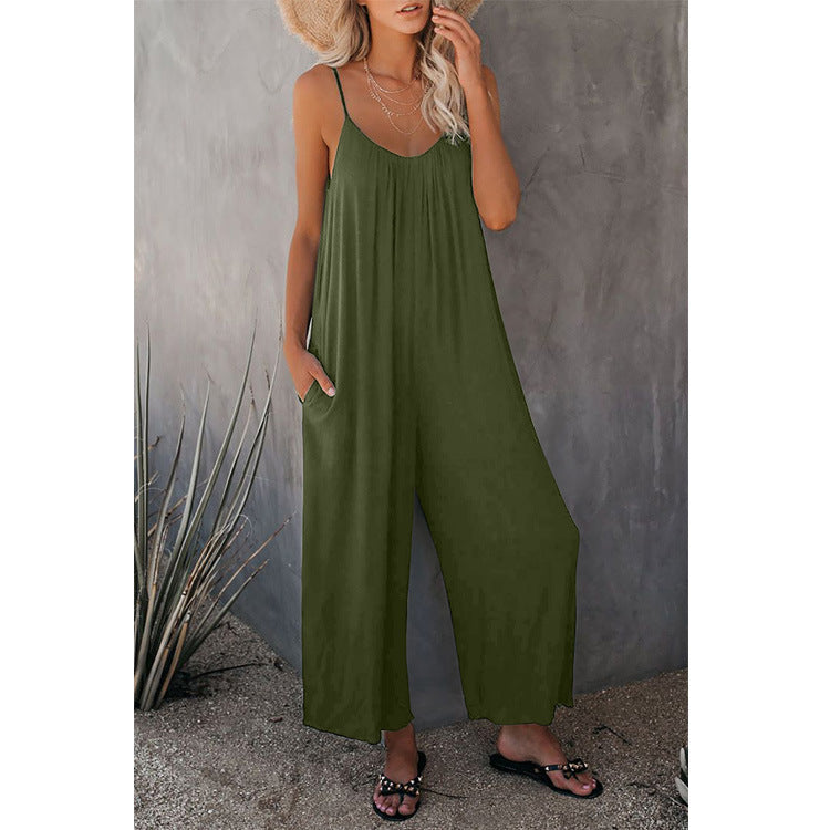 Casual summer jumpsuit for women with plunging neckline and practical pockets Lune London