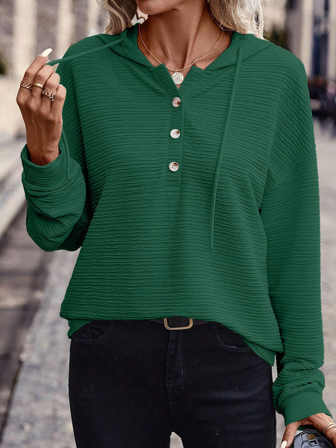 Women's textured fabric hoodie with stylish button details Lune London