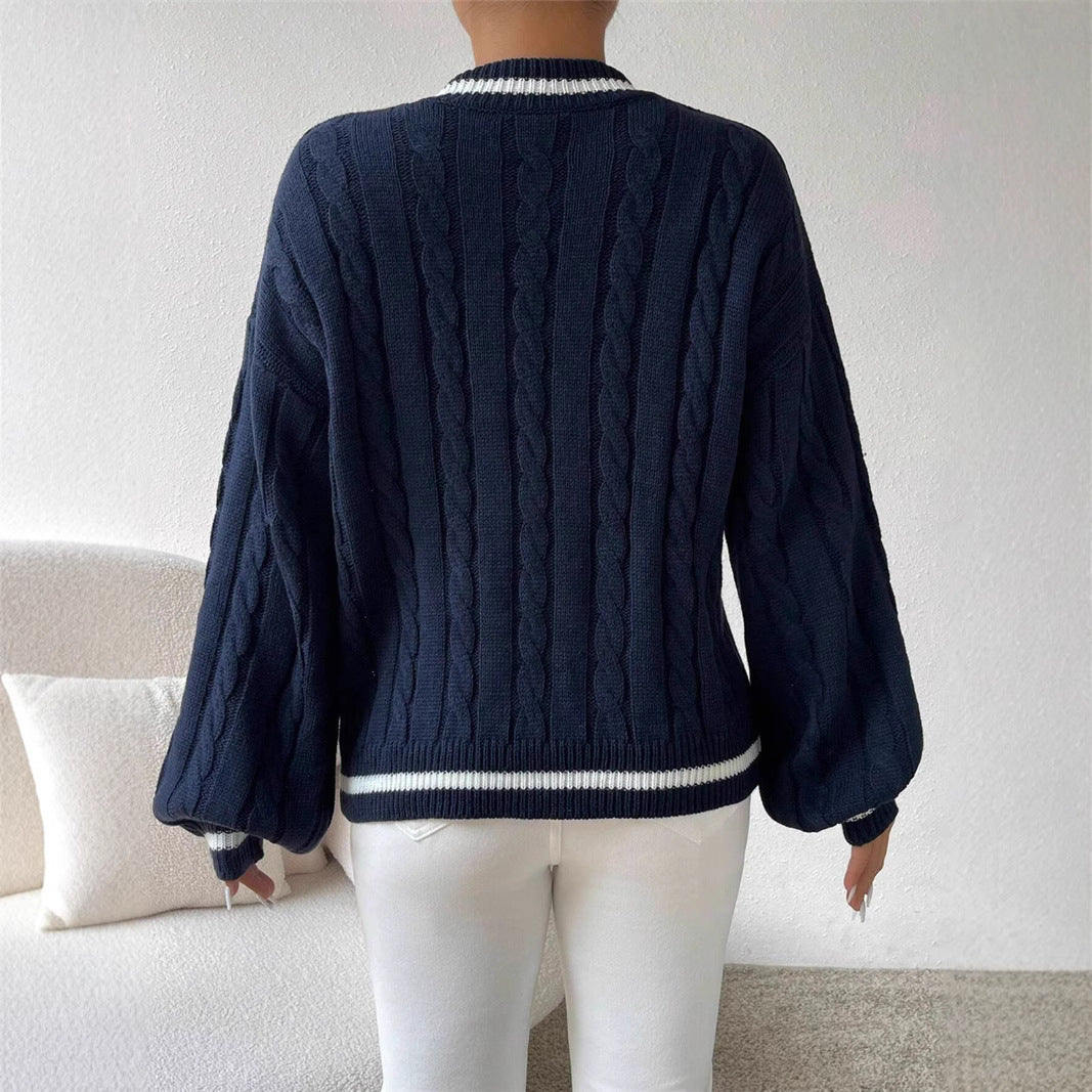 Knit sweater for women with a trendy V-neck and an elegant cable pattern Lune London