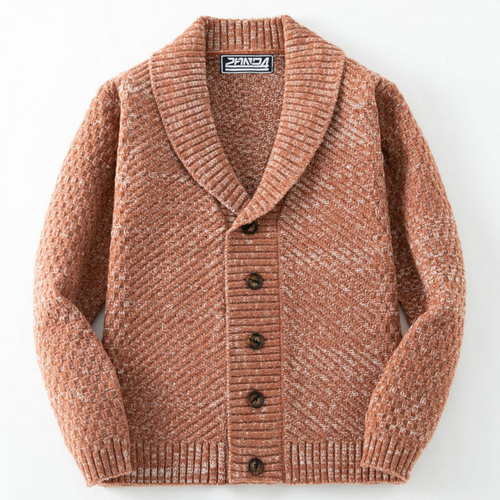 Men's knitted jacket with a modern cable pattern and Lune London button details