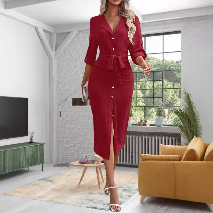 Women Elegant Midi Dress with Belt and Chic Button Detail