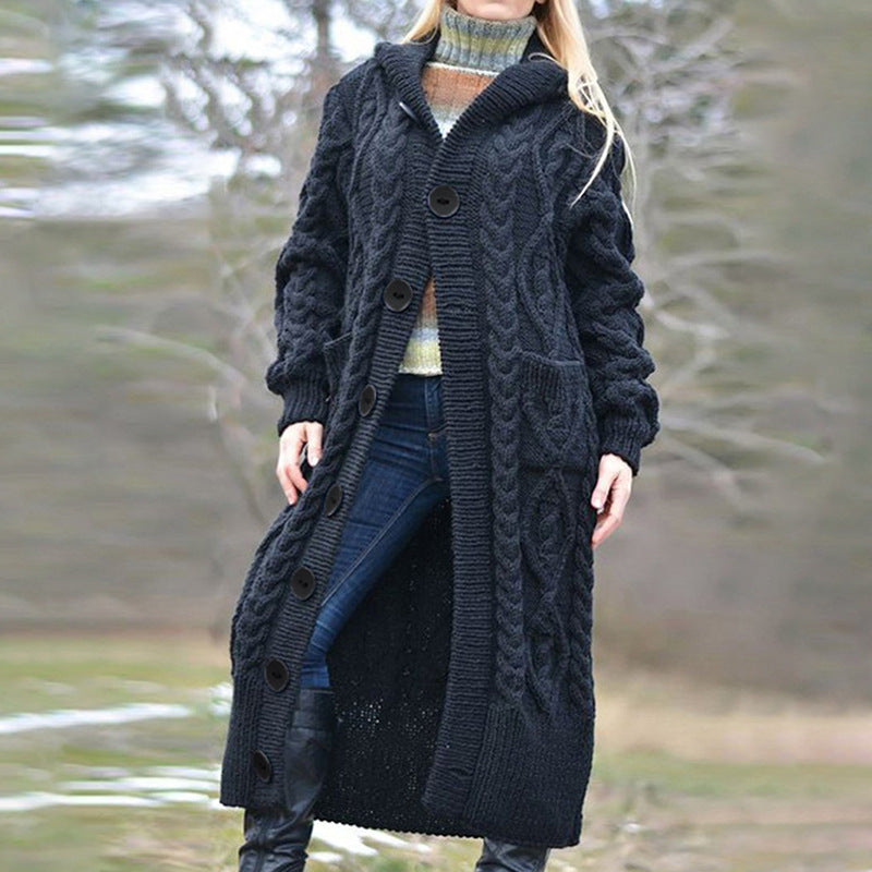 Ladies Long Cardigan with Cable Knit Pattern and Spacious Pockets Lune London