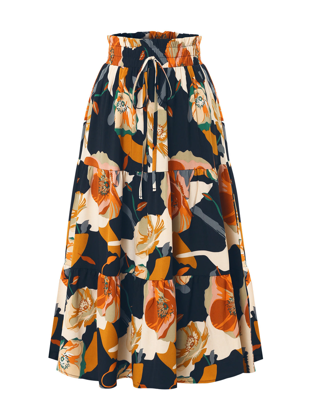 Maxi skirt for women with voluminous ruffles and a floral print Lune London