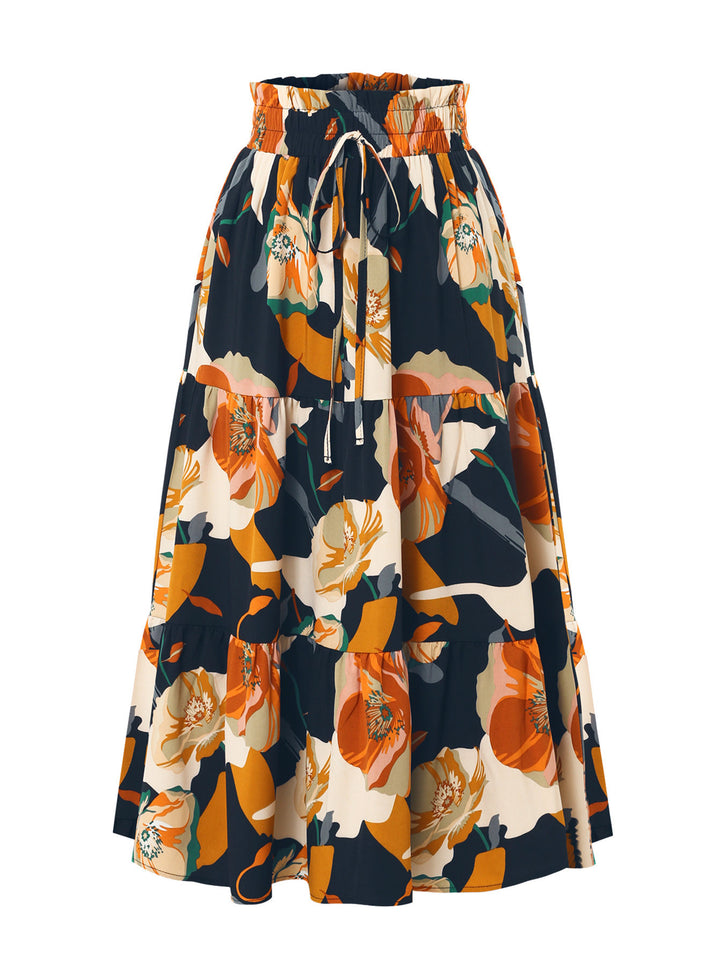 Maxi skirt for women with voluminous ruffles and a floral print Lune London
