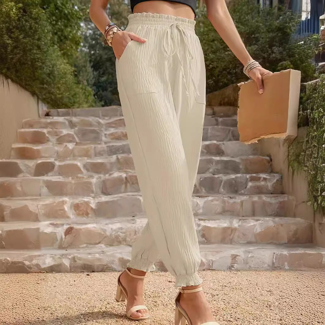 Casual fabric pants for women with deep pockets and an elastic waist Lune London