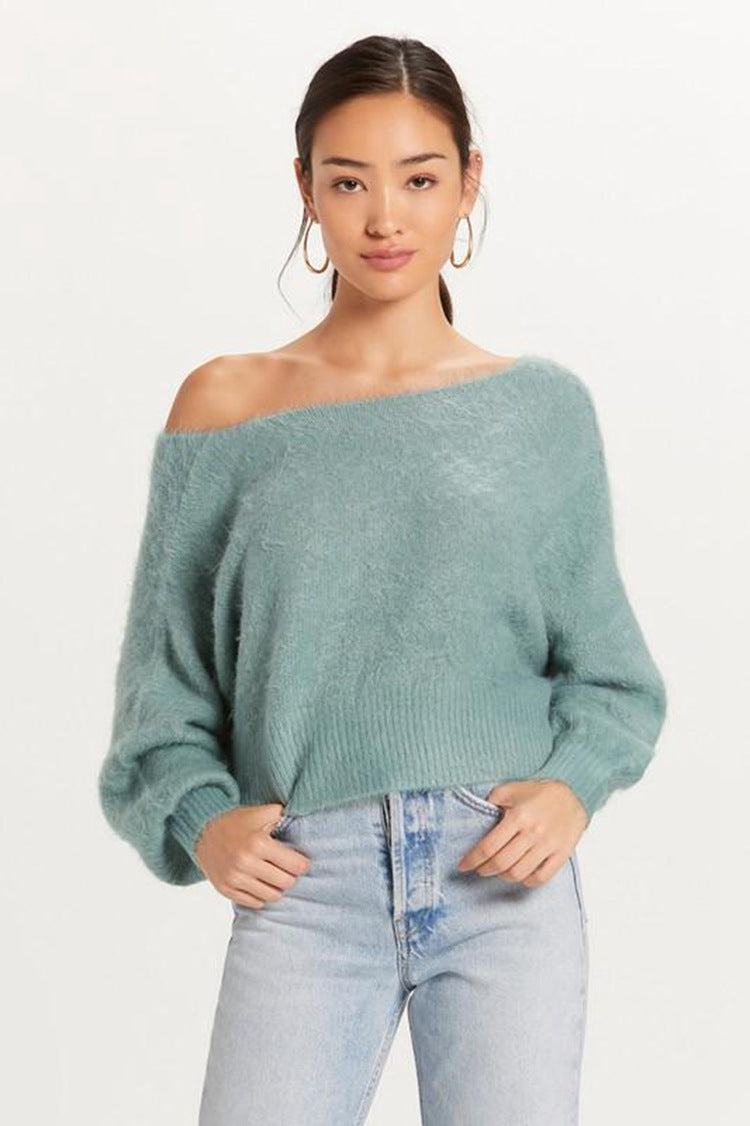 Women Off-Shoulder Sweater in soft Mohair blend with/bulky sleeves Lune London
