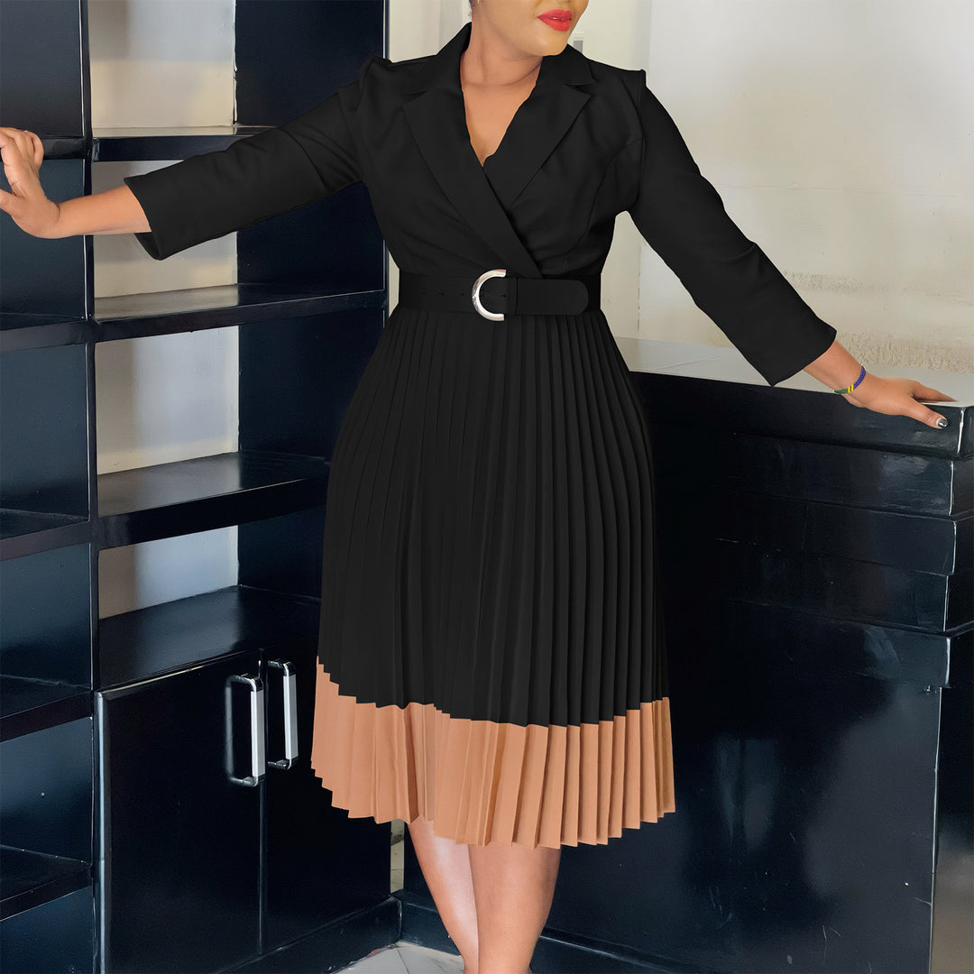 Elegant pleated dress for women with fitted blazer top and belt Lune London