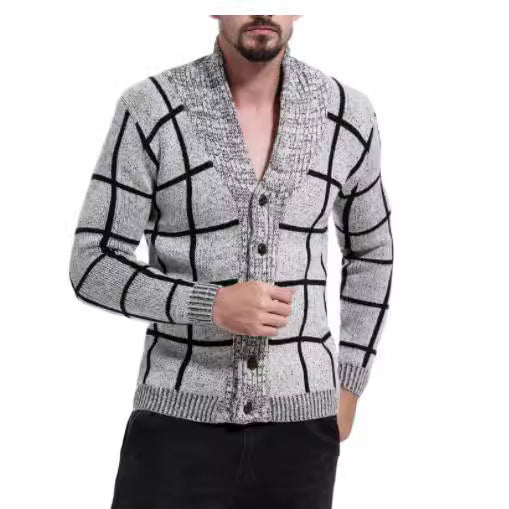Men's knitted V-neck jacket with a modern plaid pattern Lune London
