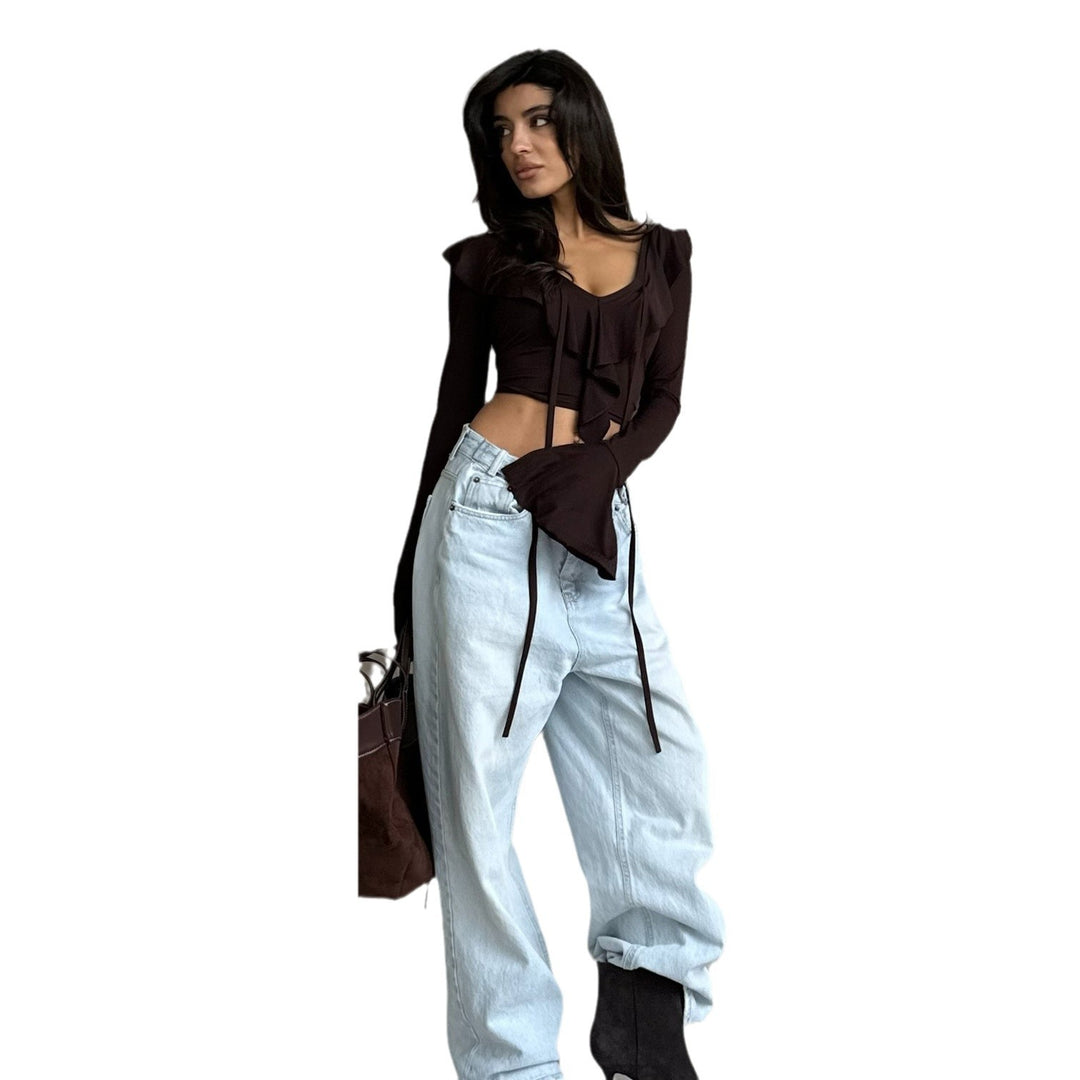 Long sleeve blouse for women with ruffles and plunging V-neck Lune London