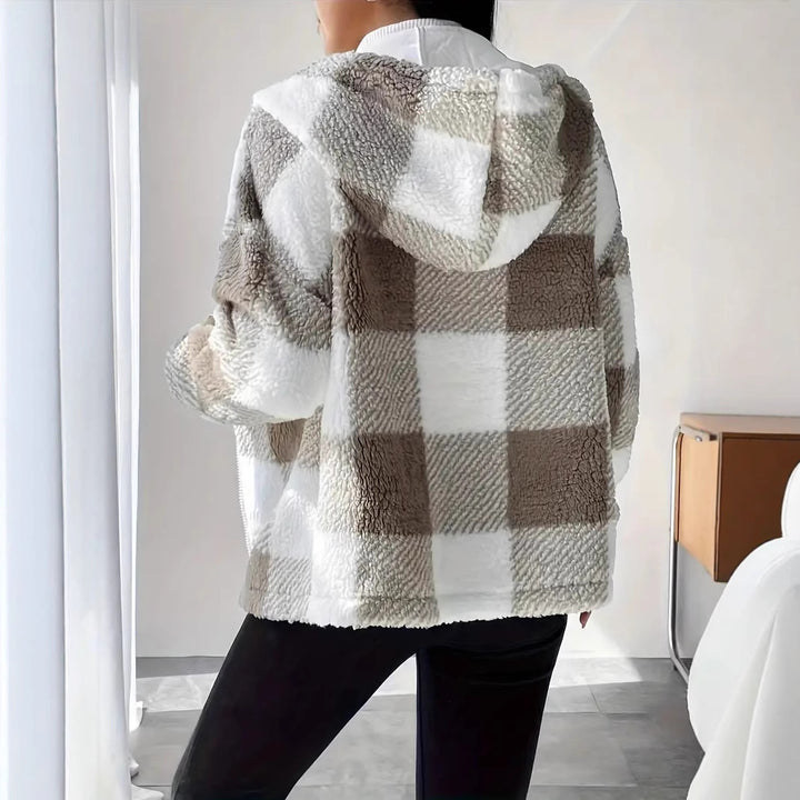 Ladies Cozy Hooded Jacket in Chic Checkered Design
