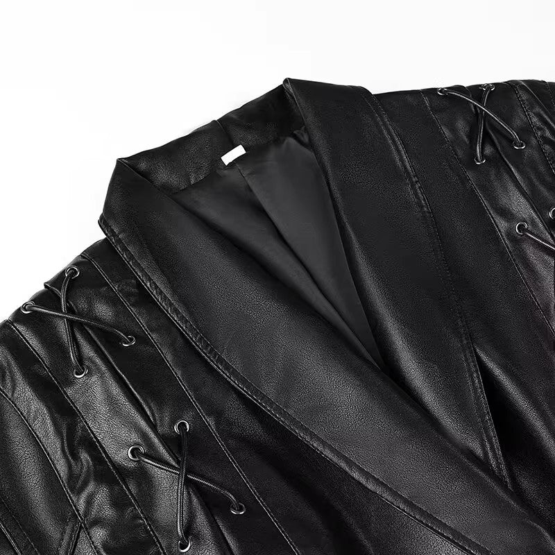 Faux leather jacket for women with an elegant tie belt and refined lace details Lune London