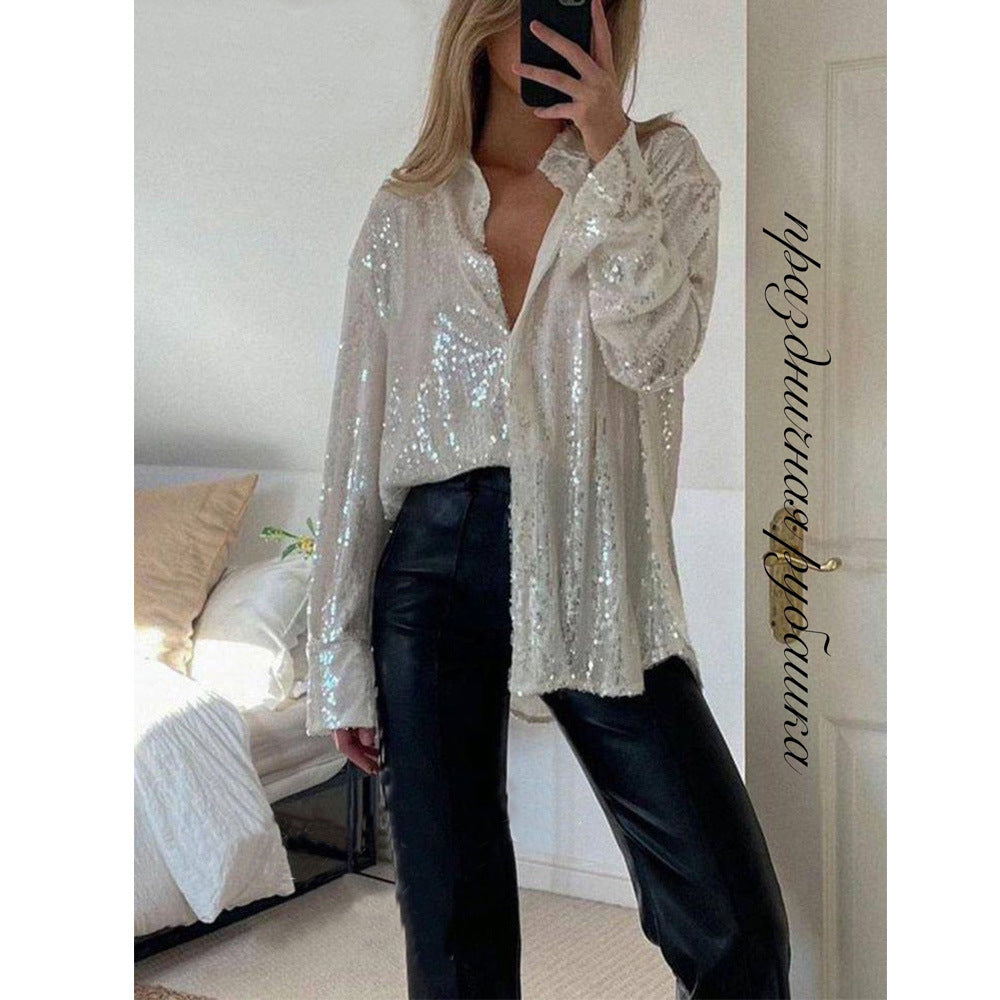 Ladies Glittering Blouse with Shimmering Texture and Casual Cut Lune London