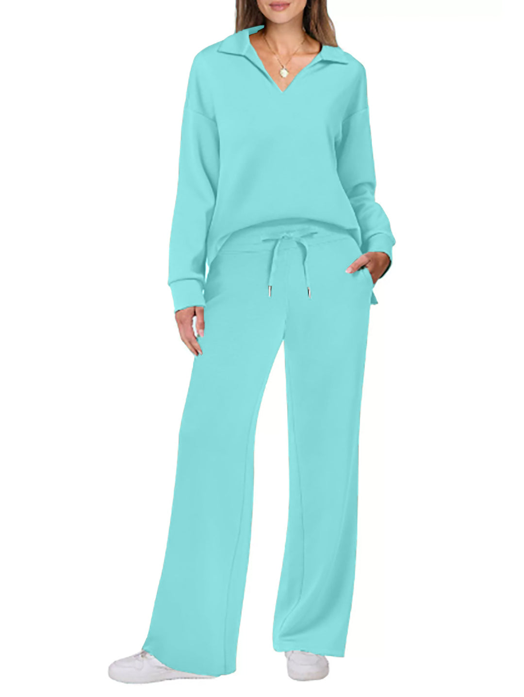 Lune London Wide Leg Casual Set for Women with V Neck