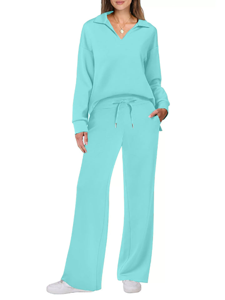 Lune London Wide Leg Casual Set for Women with V Neck
