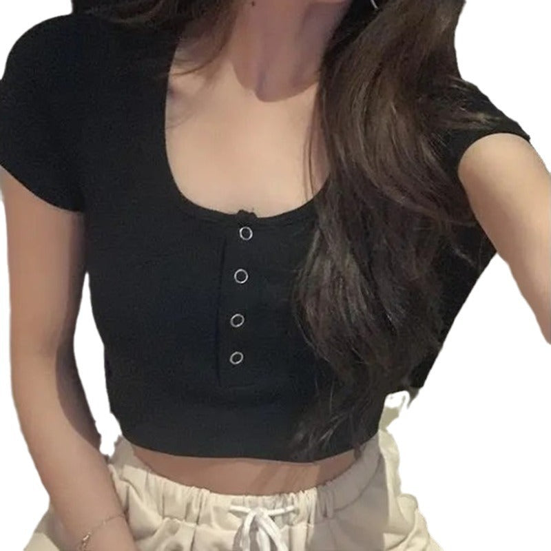 Women's Crop Top T-Shirt with Button Placket and Elastic Waistband Lune London