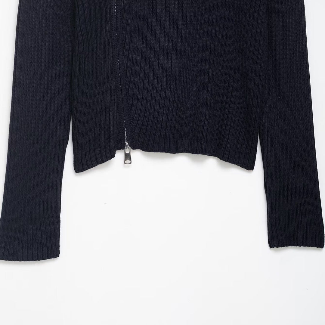 Ladies stylish knit sweater with asymmetrical collar and zipper Lune London