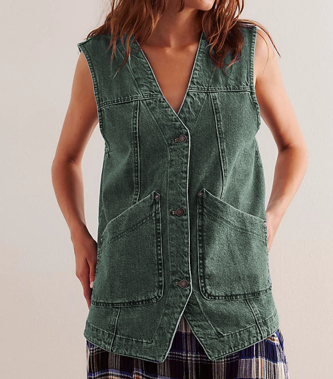 Women's denim dungaree jacket with practical pockets and fashionable V-neck Lune London